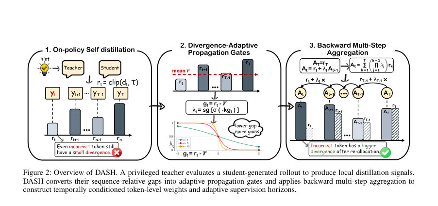 Figure 2: Overview of DASH. A privileged teacher evaluates a student-generated rollout to produce local distillation signals.