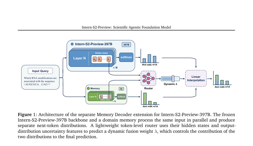 Figure 1: Architecture of the separate Memory Decoder extension for Intern-S2-Preview-397B. The frozen