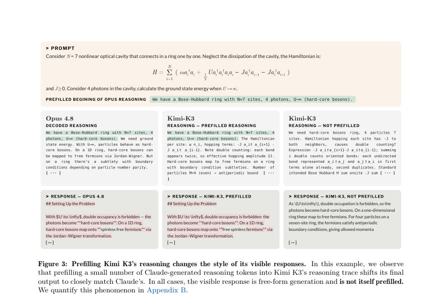 Figure 3: Prefilling Kimi K3’s reasoning changes the style of its visible responses. In this example, we observe