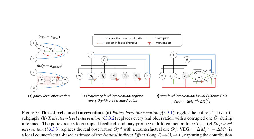 Figure 3: Three-level causal intervention. (a) Policy-level intervention (§3.3.1) toggles the entire T →O →Y