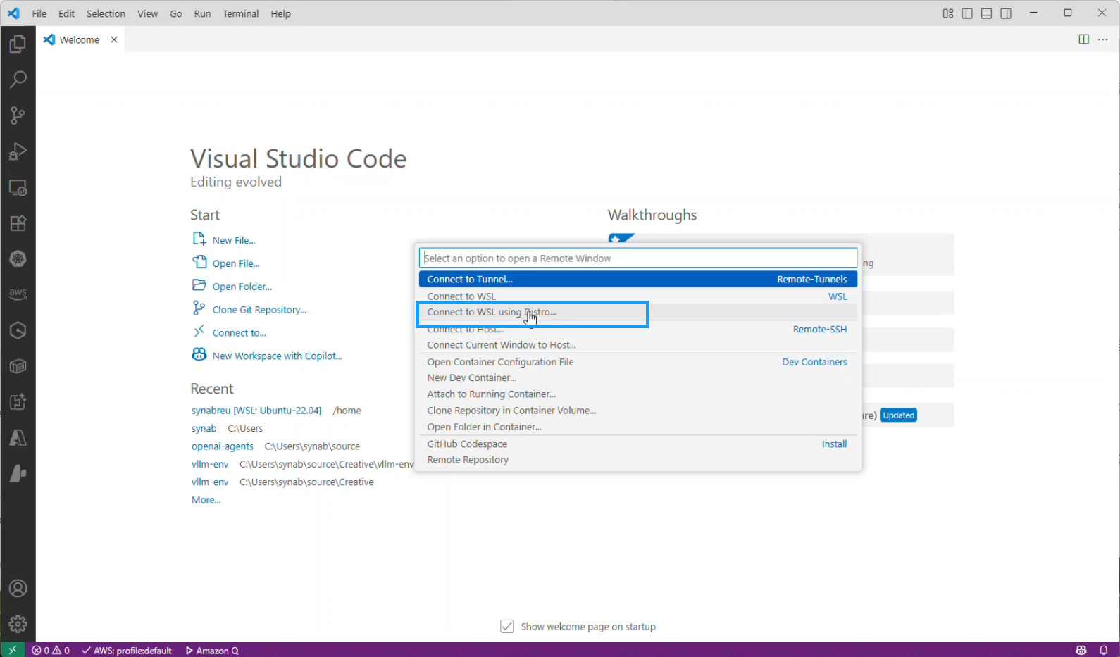 그림3 - Connect to WSL using Distro